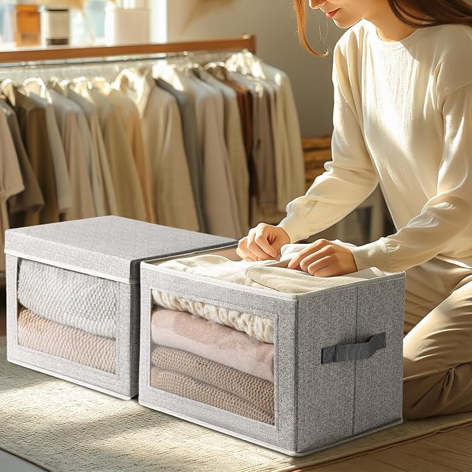 Homsorout Storage Boxes with Lids - 3 Pack Fabric Clear Window Storage Bins, Collapsible Storage Bins with Lids, Linen Closet Organizer for Clothes, Towel, Blanket, Light Grey - Image 6