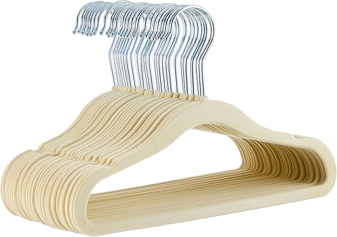 Amazon Basics Kids Space Saving Velvet Non-Slip Clothes Hangers with Shoulder Notches, Sturdy Construction for Closet Organization, 11.6", Beige, 30-Pack by AmazonBasics