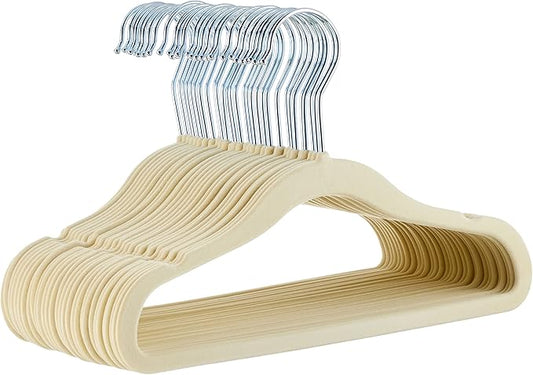 Amazon Basics Kids Space Saving Velvet Non-Slip Clothes Hangers with Shoulder Notches, Sturdy Construction for Closet Organization, 11.6", Beige, 30-Pack by AmazonBasics