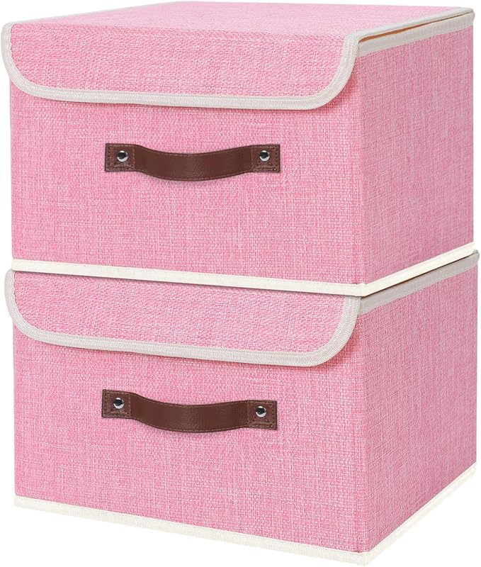 ANMINY 2PCS Storage Bin with Lid Storage Boxes with PU Leather Handles PP Plastic Board Decorative Foldable Lidded Cotton Linen Fabric Home Cubes Baskets Closet Organizer Container - Pink, Medium by ANMINY