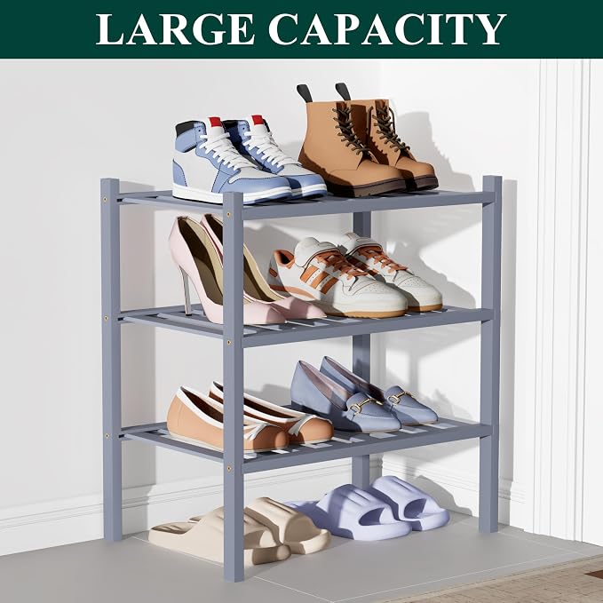 Smiry Bamboo Shoe Rack for Closet, 3 Tier Small Wooden Stackable Shoe Organizer, Free Standing Shoes Storage Shelf for Entryway, Front Door Entrance, Grey - Image 5