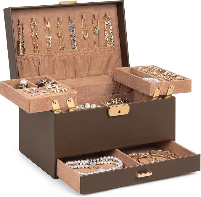 AKOZLIN Travel Jewelry Box Organizer Functional 2-trays Leather Jewelry Storage Case with Lockable Portable Drawer for Women Girls Ring Necklace Earring Bracelet by AKOZLIN