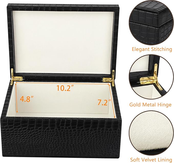 HofferRuffer Faux Leather Decorative Box, Large Wooden Structure Keepsake Box Accessory Organizer Jewelry Organizer with Hinged Lid, Storage Container for Home or Office (CrocoBlack) - Image 3