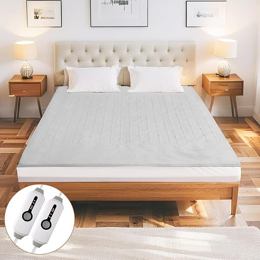 Electric Mattress Pad Queen Size 60"x80" with 10 Hours Auto Off 4 Heat Setting Dual Controller Fit Up to 15 Inch Deep Pocket, Machine Washable - Light Gray