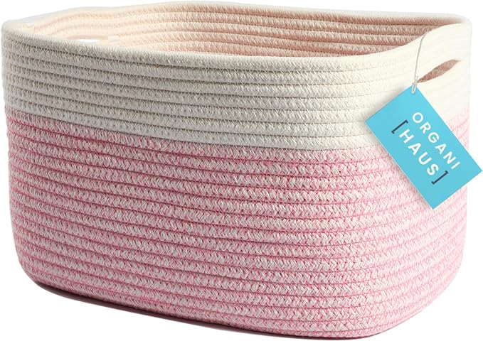 OrganiHaus Cotton Rope Basket for Shelf - Woven Storage Basket for Organizing, Closet & Toy Storage - Pink/Off-White - 15x9x10 by OrganiHaus