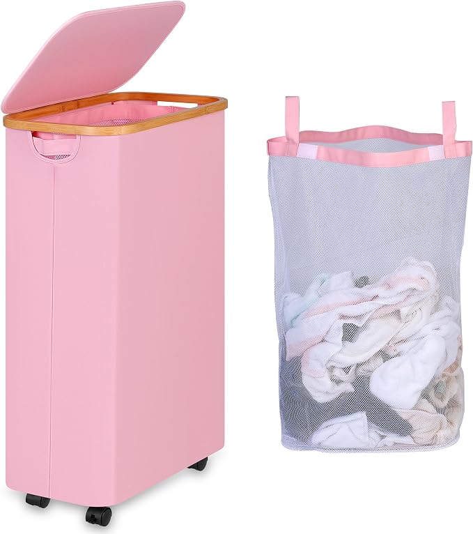 iEGrow 75L Laundry Basket with Wheels,Clothes Hamper for Laundry,Laundry Hamper with Lid and Inner Bag, for Laundry Room, Bedroom, Dormitory Storage,Pink by iEGrow