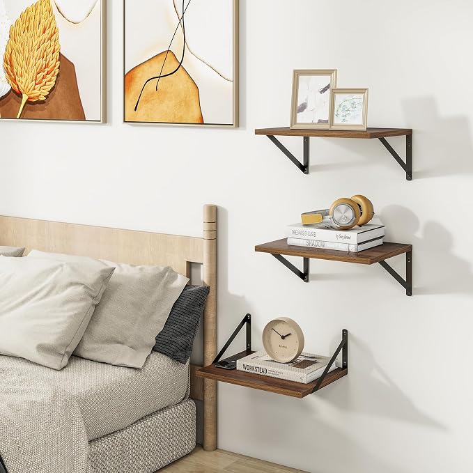 Heimlove Deep Floating Shelves for Wall, 12 Inch Deep Floating Shelves Set of 3, 16W x 12D Wood Wall Shelves, Wide Wood Shelves with Metal Bracket for Living Room, Kitchen, Office, Bedroom - Walnut - Image 2