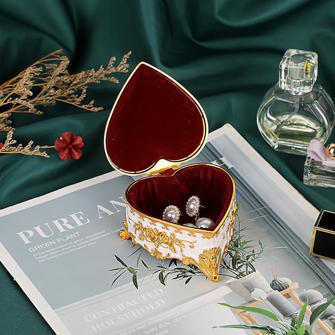 Hipiwe Vintage Metal Jewelry Box - Heart Shape Trinket Organizer Ring Box Case with Rose Pattern Jewelry Storage Box for Ring Earrings Necklace, Gift for Women - Image 5