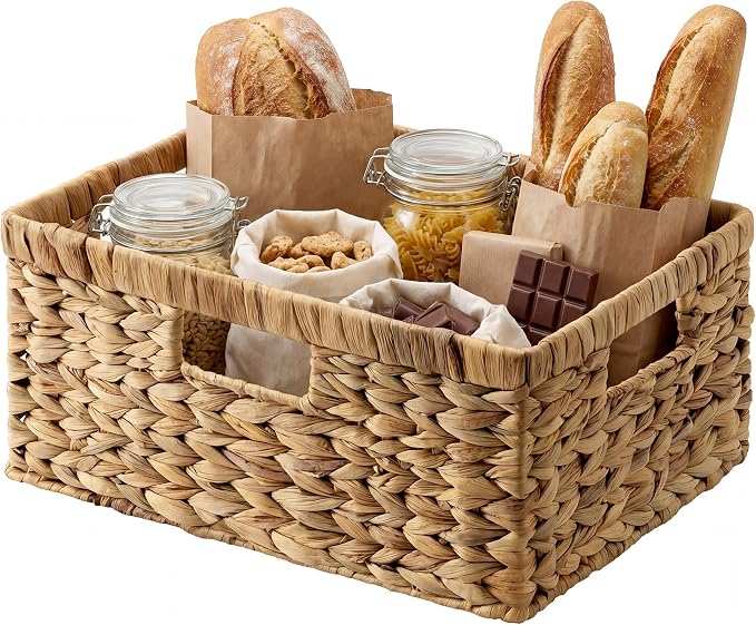 StorageWorks Large Rectangular Wicker Basket, Water Hyacinth Storage Basket with Built-in Handles, 1 Pack by StorageWorks