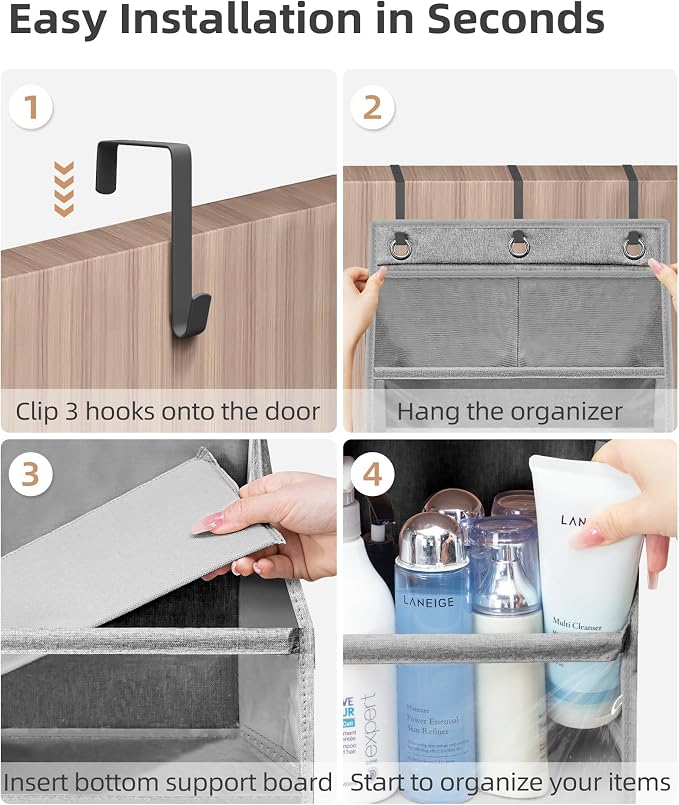 STORAGE MANIAC Over the Door Organizer Large Capacity Hanging Organizer, Clear Deep Pockets Behind Door Closet Organizer and Storage for Nursery, Bathroom, Bedroom, Pantry, 1 Pack Grey - Image 4