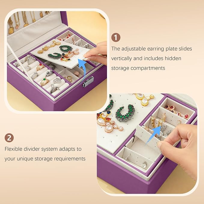 Homeanda Jewelry box 2 layer Jewelry box Leather Jewelry boxes for Women Girls Teens Jewelry organizer box Jewelry Storage box with lock(Purple) - Image 6