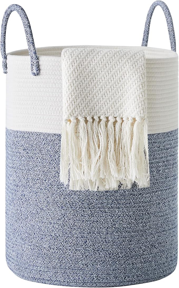 Cotton Rope Laundry Hamper by YOUDENOVA, 58L - Woven Collapsible Laundry Basket - Clothes Storage Basket for Blankets, Laundry Room Organizing, Bedroom Storage, Clothes Hamper – Blue by YOUDENOVA