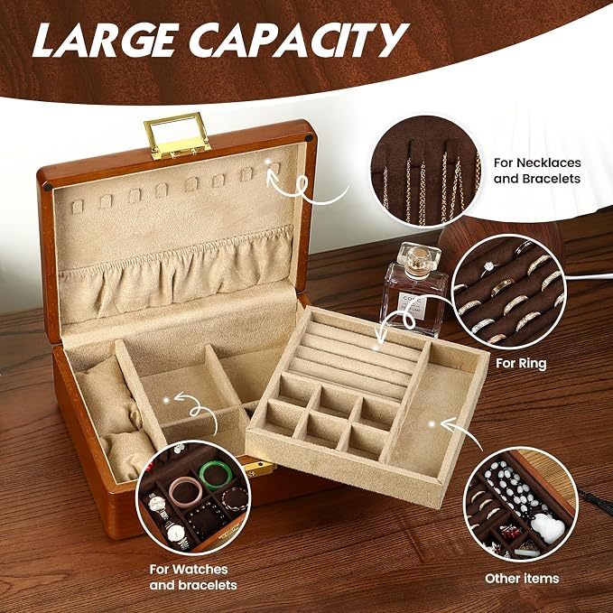Solid Walnut Wood Jewelry Organizer Box with Lock, 2-Layer Vintage Jewelry Box for Men Women, Velvet-Lined Storage for Earrings Rings Necklaces Bracelets Watches Perfect Father Day Gift Khaki - Image 7