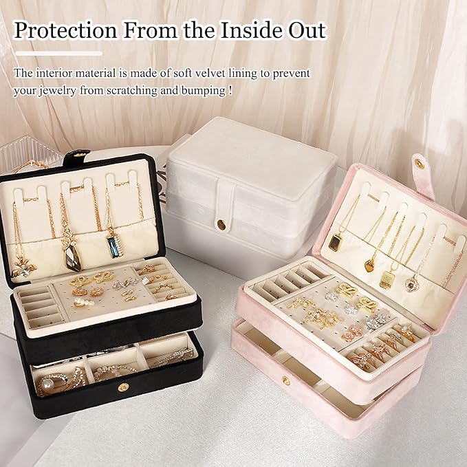 MODENGKONGJIAN Jewelry Organizer Box, 2-Layer Large Jewelry Storage Case, Portable Travel Jewelrys Display Holder for Earrings, Necklaces, Bracelets (Beige, PU Leather) - Image 7