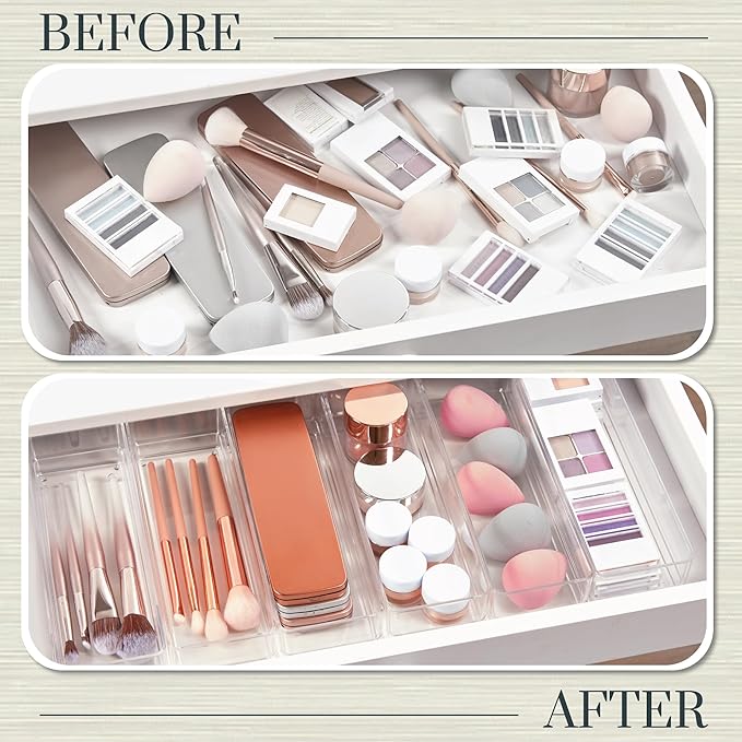 STORi SimpleSort 6-Piece Stackable Clear Drawer Organizer Set | 9" x 3" x 2" Rectangle Trays | Narrow Makeup Vanity Storage Bins and Office Desk Drawer Dividers | Made in USA - Image 6