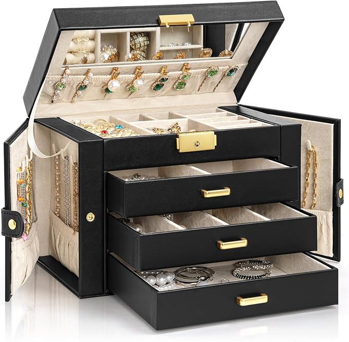 AKOZLIN Large 4-Tier Jewelry Box Leather Jewelry Storage Organizer with 3 Drawers Lockable for Women Girls Ring Necklace Earring Bracelet Watches Holder with Mirror Black by AKOZLIN