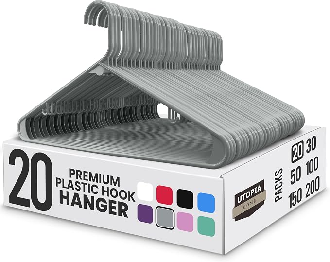 Utopia Home Plastic Hangers 20 Pack - Space Saving Clothes Hanger - Durable & Strong Closet Organizers and Storage with Built-in Strap Hooks - Essential for Shirts, Pants, Skirts & Coats (Grey) by UTOPIAHOME