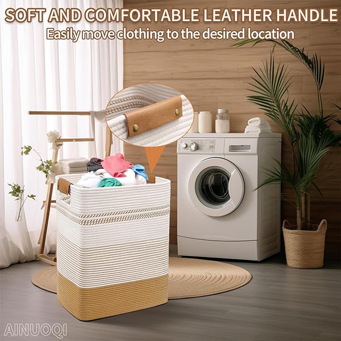 Large Laundry Hamper Basket, 85L Cotton Rope Woven Storage Bin for Blankets, Dirty Clothes Toys, Decorative Tall Basket with Leather Handles for Living Room, Bedroom, Bathroom, Nursery, Jute - Image 6