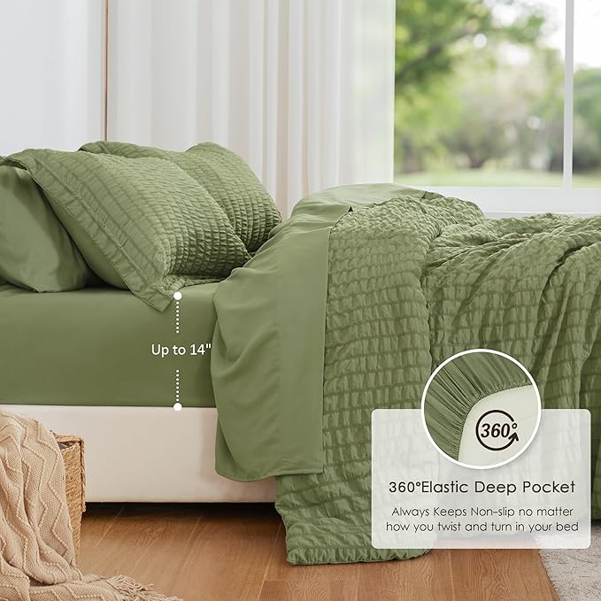 Love's cabin Seersucker Sage Green California King Comforter Set, 7-Piece All Season Lightweight Bed in a Bag Bedding Set with Comforter, Flat Sheet, Fitted Sheet, Pillowcases and Shams | Soft, Breathable, Lightweight