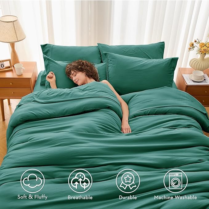 MUXHOMO 7 Pieces California King Comforter Set, Soft Bed in a Bag Cal King Size, All Season Bedding Set with Comforter, Flat Sheet, Fitted Sheet, Pillowcases & Shams, Emerald Green