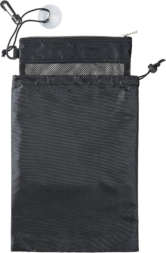 Shower Bag Tote, Mesh Caddy Toiletry Organizer 12”L x 9”W, Compact and Lightweight With Suction Cup, Cord for Hanging, Zipper and Drawstring Pouch 14”L x 10”W, Black - Image 3