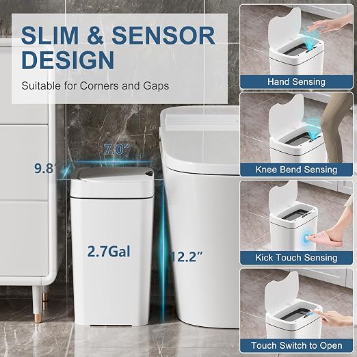 Vanpopubs 2 Pack 2.7 Gal Bathroom Trash Can with Lid, Automatic Trash Can Small Smart Garbage Can Touchless, Slim Motion Sensor Waterproof Plastic Trash Bins for Bedroom Office Kitchen Toilet - Image 4