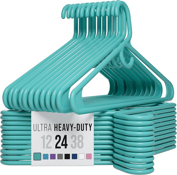 NEATERIZE Thick Heavy Duty Hangers - Aqua Plastic Clothes Hangers 24 Pack - Great for Coat Hanger, Jackets Jeans & Suit Hanger for Closet - New Apartment Essentials Percheros Ganchos para Colgar Ropa by Neaterize