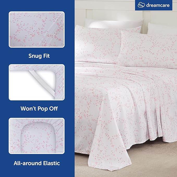 DREAMCARE Full Size Bed Sheets - Luxurious Floral Full Sheet Set - 4 Pc Ultra Soft Breathable Wrinkle Free Brushed Microfiber Floral Blossom
