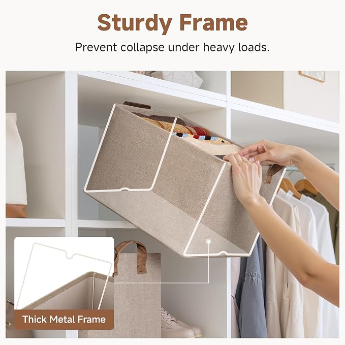 StorageWorks Storage Bins, Fabric Storage Bins for Shelves, Large Storage Baskets with Metal Frame, Closet Baskets and Bins with Handles, Brown and Beige, 2-Pack - Image 4