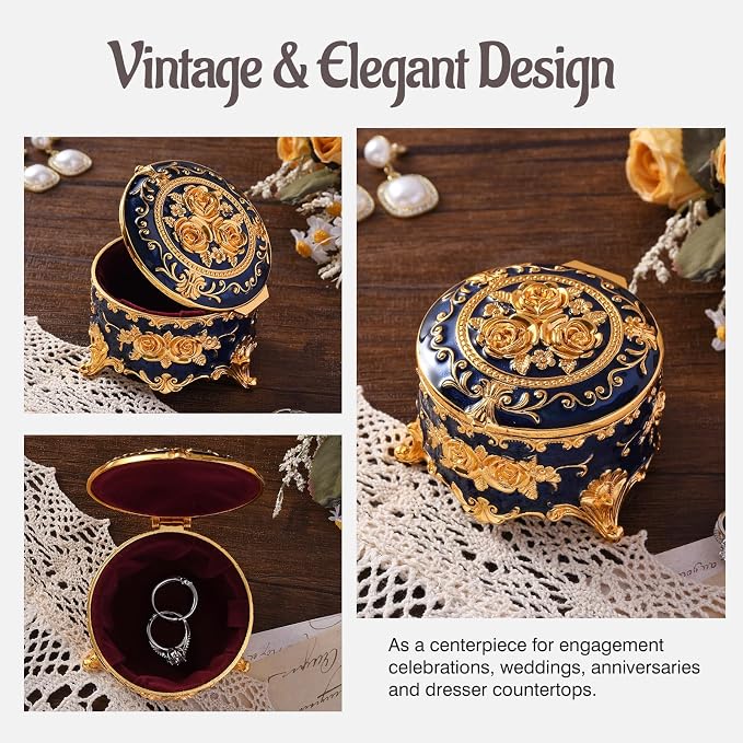 Vintage Jewelry Box, Gold Round Treasure Ring Box, Metal Trinket Organizer Keepsake Box Gift for Girl Women, Deep Blue - Image 3