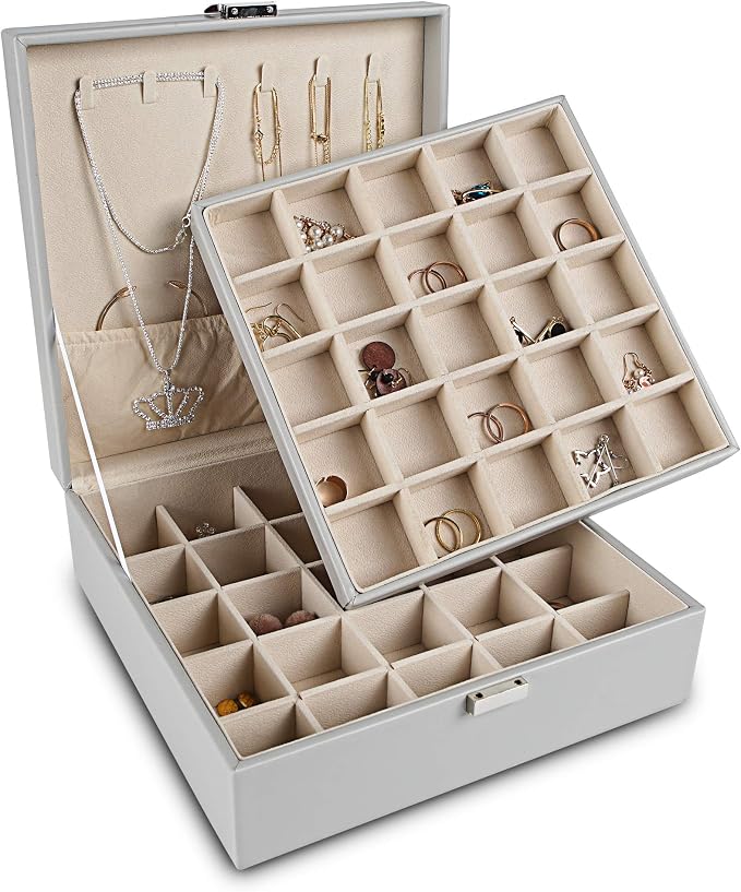 Frebeauty Earring Organizer Classic Jewelry Box 50 Slots Double Layer Jewelry Storage Case with 6 Necklace Hook and Bracelet Pocket(Grey) by Frebeauty