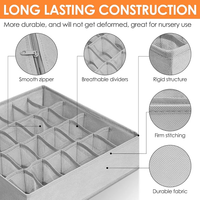 Criusia 6 Pack Sock Underwear Drawer Organizer Dividers, 58 Cell Foldable Fabric Dresser Closet Organizers and Storage Bins for Clothing, Baby Clothes, Bra, Panty, Scarf, Ties (Grey) - Image 5