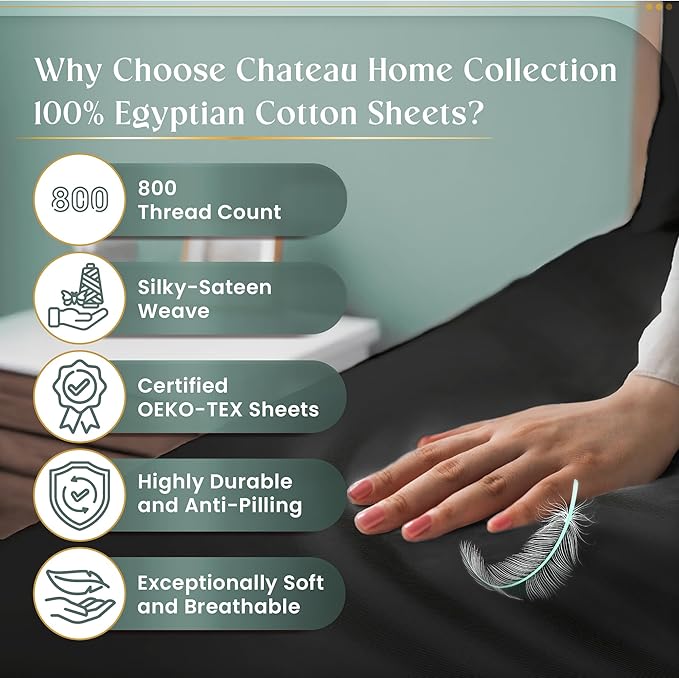 Egyptian Cotton Sheets Queen Size 800 Thread Count, 100% Cotton Queen Sheet Set — Deep Pocket Fitted 15", Sateen Weave, No Pill, Soft Cooling Charcoal 4 Piece Sateen Bed Set, OEKO-TEX Certified