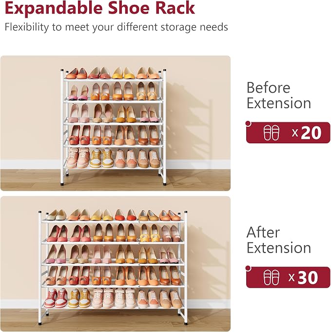 Tajsoon Expandable Shoe Rack for Closet 5 Tier, 29“-41“Adjustable & Stackable Shoe Shelf Storage, Metal Shoe Rack Organizer for Front Door Entrance, Closet, Garage, Entryway, White - Image 5