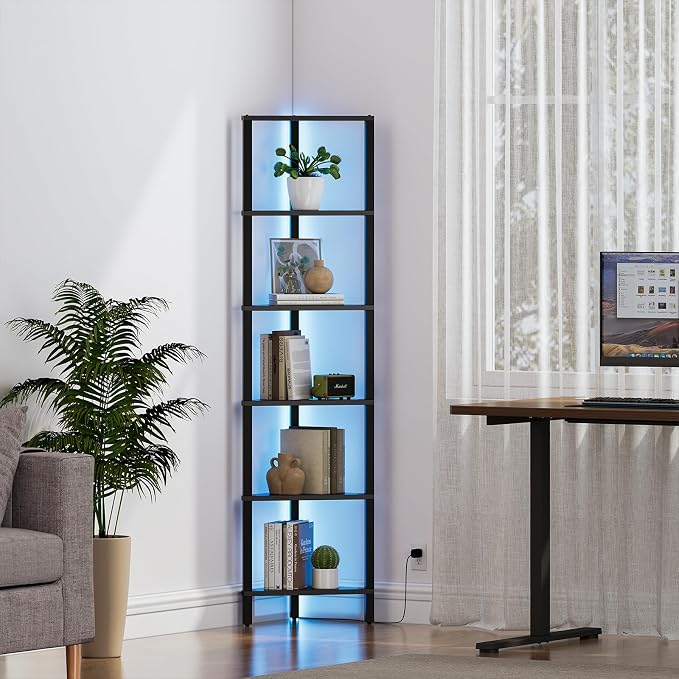 TUTOTAK Corner Shelf with LED Light, 6-Tier Corner Bookshelf for Small Space, Narrow Display Corner Shelf Stand with Storage Rack, for Living Room, Bedroom, Black BS05BK006L - Image 8