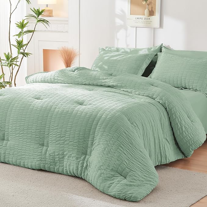 HYMOKEGE Sage Green Full Size Comforter Sets Seersucker 7 Pieces, All Season Luxury Bed in a Bag for Bedroom, Bedding Set with Comforters, Sheets, Pillowcases & Shams