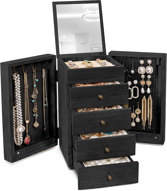 Meangood Jewelry Box Wood for Women, 5-Layer Large Organizer Box with Mirror & 4 Drawers for Rings, Earrings, Necklaces, Black by Meangood