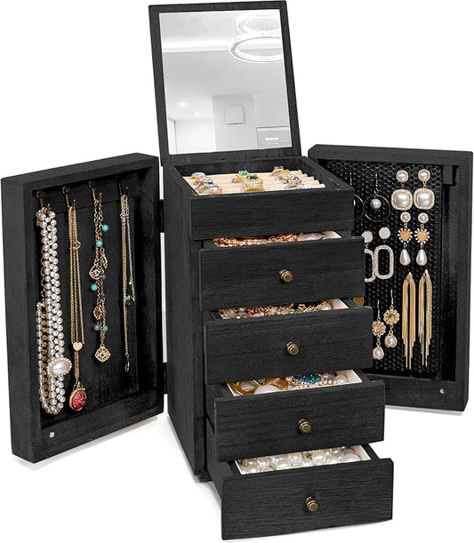 Meangood Jewelry Box Wood for Women, 5-Layer Large Organizer Box with Mirror & 4 Drawers for Rings, Earrings, Necklaces, Black by Meangood
