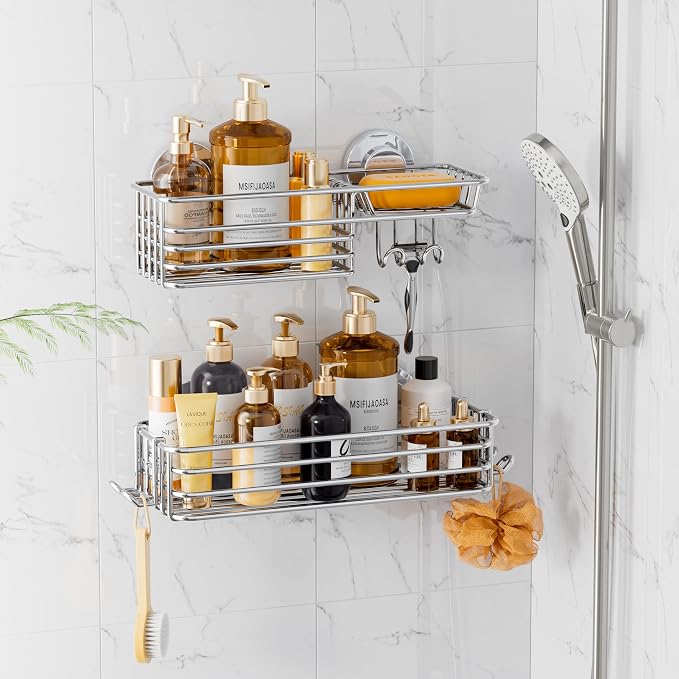 LEVERLOC Shower Caddy Suction Cup, 2 Pack Heavy Duty Bathroom Organizer for Inside Shower with Hooks & Soap holder, Removable and Rustproof Silver bathroom Holder Storage by LEVERLOC