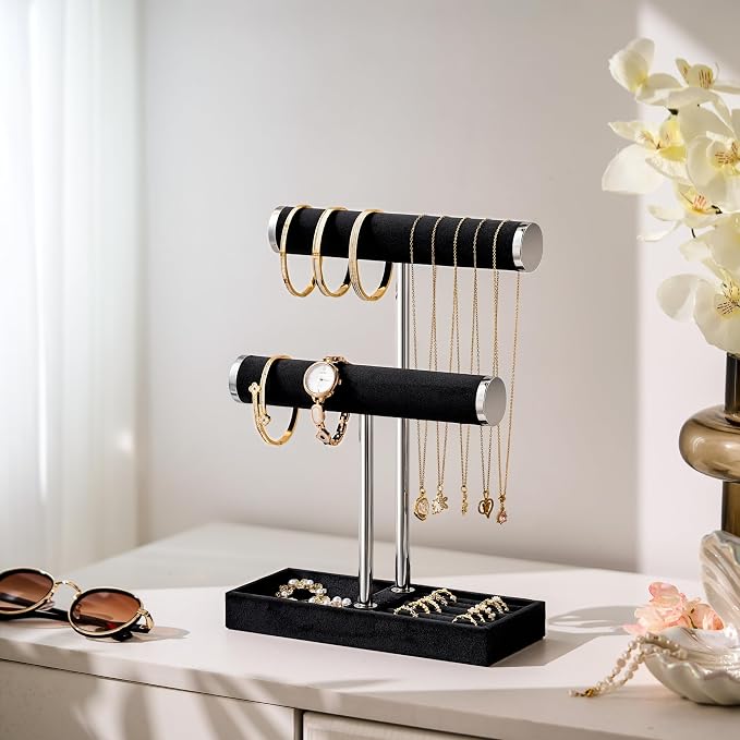 bussdis 2 Tier Bracelet Holder Display - Detachable T Bar Black and Silver Velvet Bracelet Holder, Jewelry Holder Organizer for Bracelet, Necklace, Earrings, Rings - Image 2