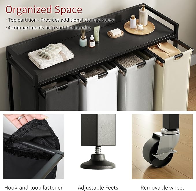 Herture Laundry Hamper with Shelf, Laundry Basket 4 Section, Laundry Sorter with Pull-Out Removable Large 4 Color Bags and Movable Wheels, Metal Frame, 4 x 15.87 Gallons (60L), Black PF07XLK - Image 3