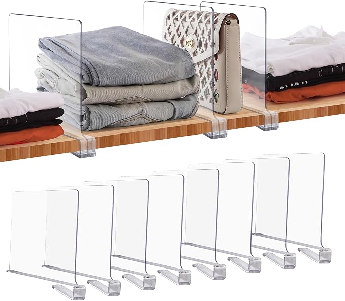 JOY DECOR 8 Pack Acrylic Clear Shelf Dividers for Closets Organizer and Storage Adjustable Vertical Wood Shelf Closet Separators for Clothes,Book,Bags in Bedroom and Kitchen by JOY+DECOR
