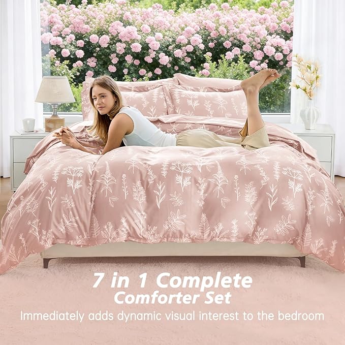 MUXHOMO Cameo Pink Bed in a Bag King 7 Pieces, King Comforter Set Reversible Botanical Flowers Design, Ultra Soft & Breathable Bedding Sets with Comforter, Sheets, Pillowcases & Shams