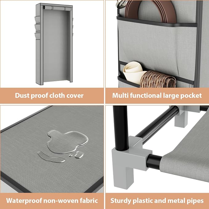 VTRIN Vertical Narrow Shoe Rack Organizer Tall Shoe Rack for Closet Entryway 10 Tier Non-Woven Cover Shoe Shelf Holds 36-41 Pairs Free Standing Shoe Storage Cabinet with Dustproof Cover, Grey - Image 4