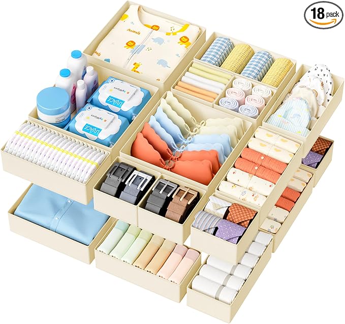 DIMJ Drawer Organizer Clothes - 18 Pack Closet Drawer Organizer Bins for Baby Clothes Storage, Fabric Dresser Organizer for Nursery Bedroom, Foldable Small Drawer Dividers for Underwear Socks by DiMJ