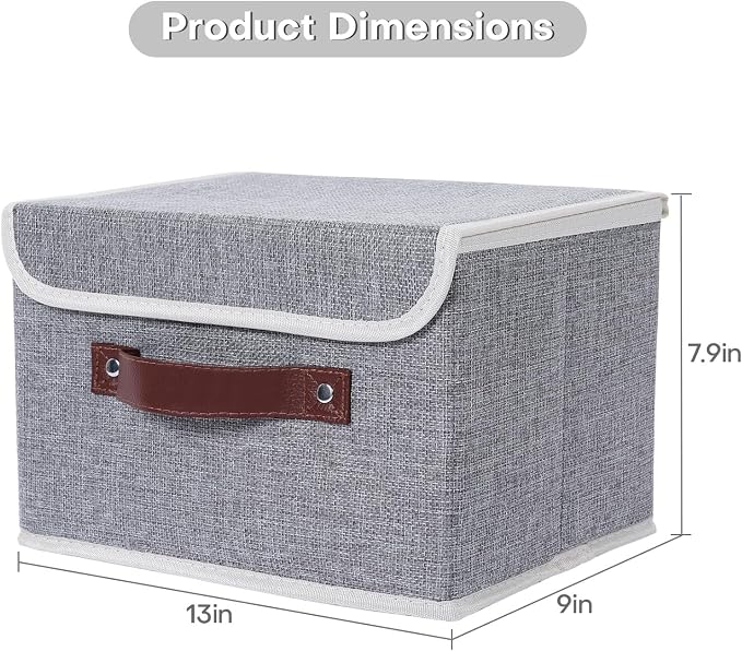 ANMINY Storage Bin with Lid Storage Boxes with PU Leather Handles PP Plastic Board Decorative Foldable Lidded Cotton Linen Fabric Home Cubes Baskets Closet Organizer Container - Gray, Medium - Image 5