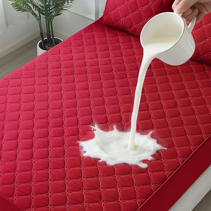 Waterproof Mattress Protector - King Size Mattress Pad Silent & Fitted Sheet Style | Full Bed Protection for Kids, Pets, Adults | Hypoallergenic, Machine Washable (Red, King)