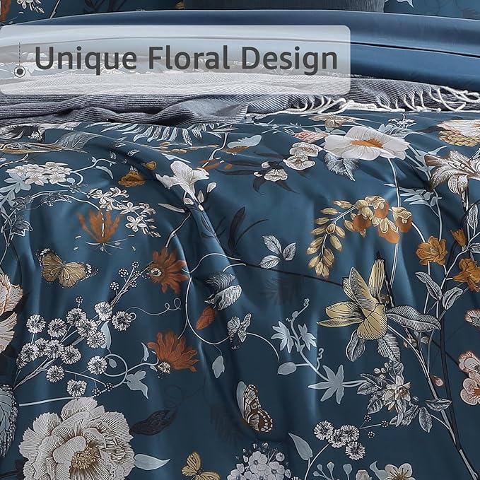 CASAAGUSTO Queen Comforter Set - 7 Pieces Blue Floral Bedding Sets, Queen Bed in a Bag with Botanical Butterfly Comforter, Sheets, Pillowcases & Shams for All Seasons