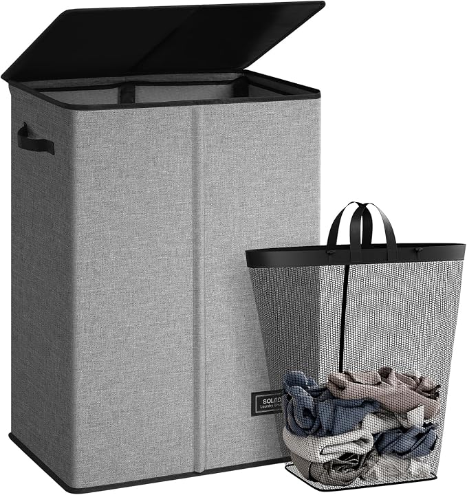 SOLEDI Laundry Hamper with Lid 130L Large & Tall Collapsible Laundry Basket, Clothes Hamper with Bag Removable Easy to Carry, Dirty Hampers for Bedroom, Bathroom, Dorm, College, Grey by SOLEDI