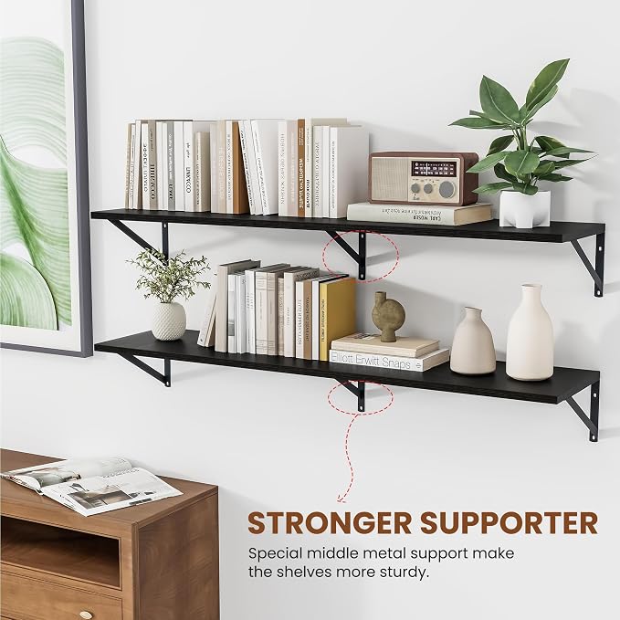 Heimlove Black Deep Floating Shelves for Wall, 48W x 12D Wood Wall Shelves Set of 2, Wide Floating Bookshelf for Living Room, Kitchen, Office, Bedroom and Decor Storage, with Metal Bracket - Black - Image 4
